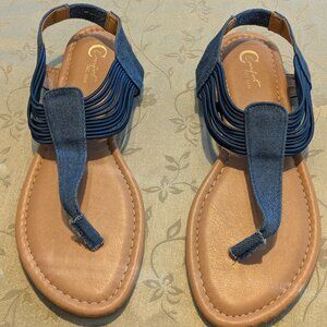 Comfort women's blue denim t strap thong sandal, size 9M